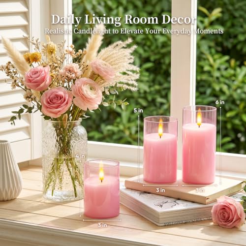 Image of Amagic Pink Glass Flameless LED Candles Battery Operated with Remote Timer | Real Wax Pillar Electric Candle, 3D Flickering Flame for Christmas Home Decor, Valentine's Day, Weddings, Set of 3(H4 inch5 inch6 inch)