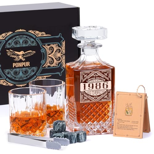 Image of PONPUR 40th Birthday Gifts For Men Dad, 1986 Laser Whiskey Decanter Set with Gift Box, Anniversary Birthday Gift Ideas for Him Husband, 40 Years Bday Decorations, Whiskey Glasses & Whisky Stones Inc