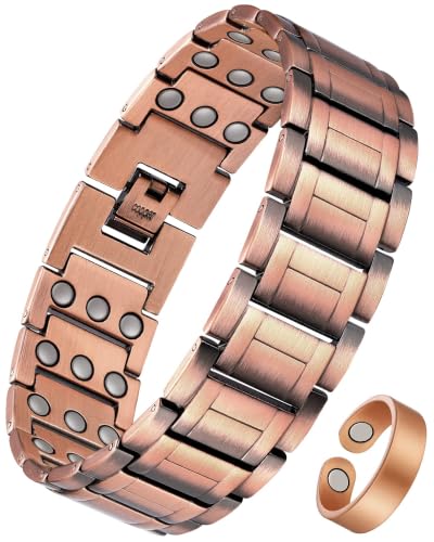 Image of Feraco Copper Magnetic Bracelets for Men,Pure Copper Jewelry Gift | 3X Strength Neodymium 57 Magnets,Powerful 3500 Gauss,Adjustable Length
