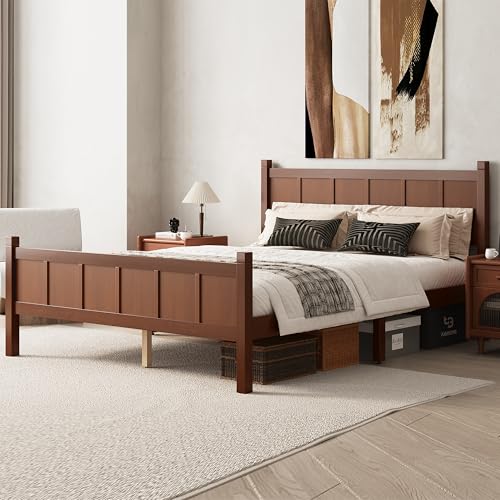 Image of Queen Size Vintage Bed Frame with Headboard, Farmhouse Wooden Platform Bed with Under-Bed Storage, Minimalist Modern Wood Grain Finish Bedframe for Bedroom (Dark Walnut)