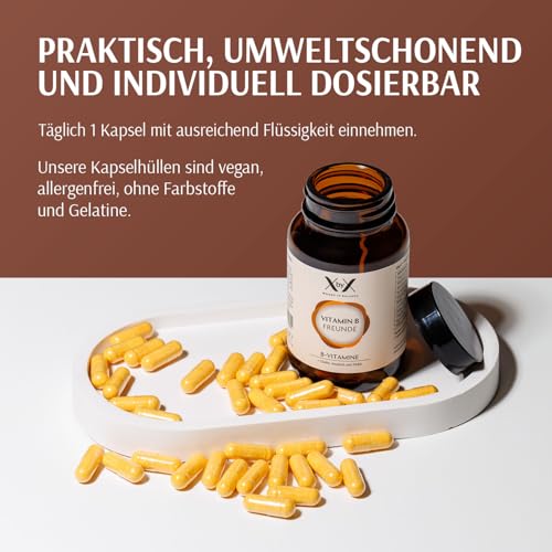 XbyX Vitamin B Freunde | Vitamin B Komplex hochdosiert mit 3 Kofaktoren | 8 B Vitamine für Energie & Nerven | Veganes Nahrungsergänzungsmittel für Stoffwechsel & Immunsystem | 36,4g/ 60 Portionen