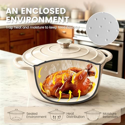 5 Qt Enameled Cast Iron Dutch Oven with Lid, Cream - Image 3