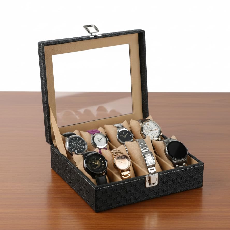 Image of STORESHINE Unisex 8 Slots Watch Organiser Box Black and Beige