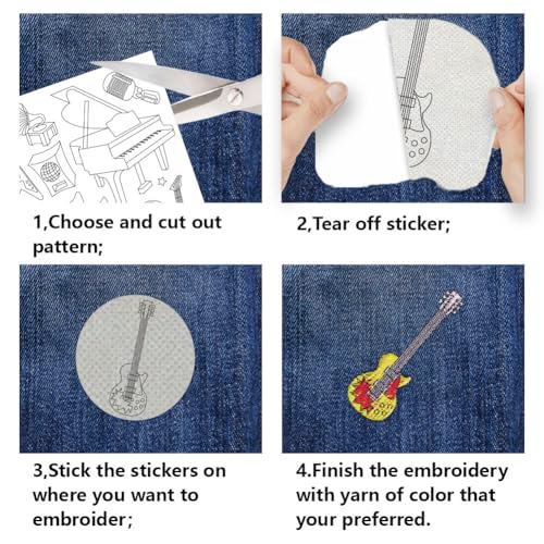 BENECREAT 4 Blätter 78 Stück Musik wasserlösliche Stickmuster, Gitarren-Handnähstabilisatoren Stick- und Stichstickpapier für Stickanfänger, Hemden, Mäntel, Taschen, Handtücher