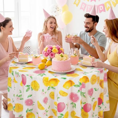 Image of Ganeen 6 Pcs Lemon Plastic Tablecloth 84 Inch Pink Lemon Round Tablecloths Summer Theme Birthday Decor Disposable Plastic Round Waterproof Table Covers for Holiday Wedding Tea Decoration Party Favor