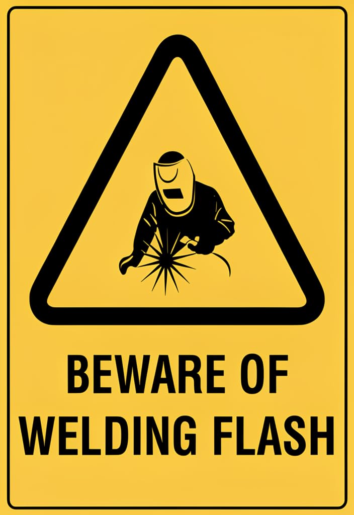 peiyeety Beware of Welding Flash Tin Sign 12x8 Inch, Yellow & Black Safety Warning Metal Wall Decor Plaque for Workshop, Garage, Welding Shop, Man Cave, Industrial Home Decor Gift