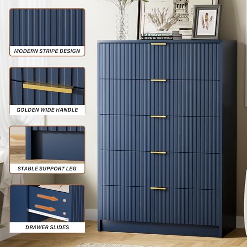Image of Furniway Blue Dresser for Bedroom, Modern Dresser with 5 Drawers and Smooth Slides, Wide Chest of Drawers with Golden Handles for Bedroom, Living Room, Closet, 15.7 inch D x 31.5 inch W x 47.2 inch H