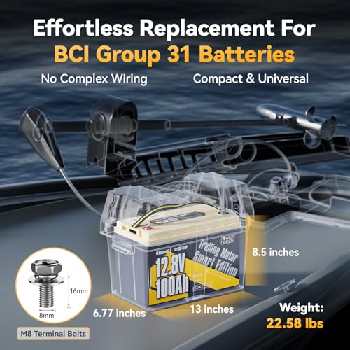 Image of Power Queen 12V 100Ah Group 31 Trolling Motor LiFePO4 Battery,12 Volt Bluetooth Lithium Battery with Low Temp Protection, 1.28kW Load Power,15000+ Deep Cycles for Marine, Boat, Yacht