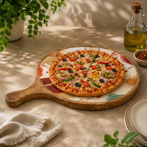 Image of Saaga Burnt Sienna Mango Wood Pizza Serving Tray - Stylish Round Snack Plate (15x10 Inch) for Kitchen, Home, Cafes & Restaurants