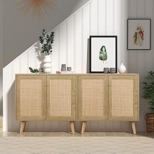Anmytek rattan cabinet 2 door sideboard buffet cabinet with adjustable shelf wood storage cabinet for living room dining room kitchen hallway entrywayh0082  urban country home decor