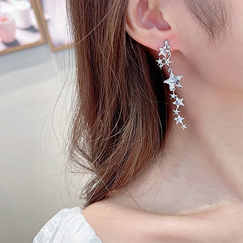 Crystal Long Star Dangle Earrings for Women Girls 925 Sterling Silver Post Pin 14K Gold Plated Shiny Tassel CZ Stars Celestial Charms Drop Dangle Stud Lightweight Fashion Birthday Wedding Party Jewelry Gifts4