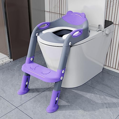 Image of Potty Training Seat with Step Stool Ladder, SKYROKU Potty Training Toilet for Kids Boys Girls Toddlers - Comfortable Safe Potty Seat with Anti-Slip Pads Ladder Grey Purple