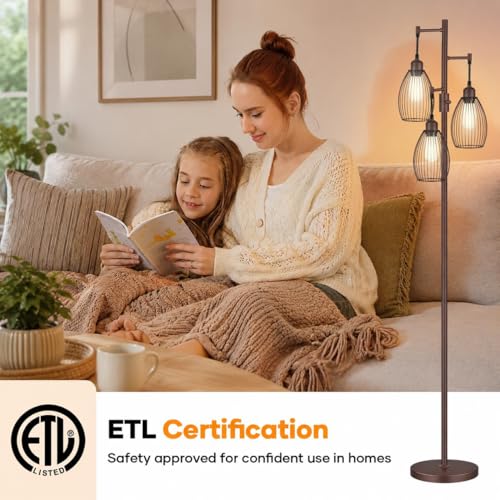 Image of Nintiue Dimmable Floor Lamp,3x800LM LED Bulbs Included, Farmhouse Industrial Floor Lamp Standing Tree Lamp with Teardrop Cage Head Tall Lamp for Living Room Bedroom Office Dining Room - Matte Brown