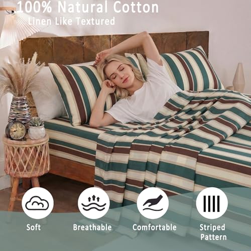 Image of Merryword Green Cabana Striped Sheet Set King Size - 100% Cotton Striped Bedding 4 Pieces, Soft Breathable Percale Weave, 17.5 inch Deep Pocket, Luxury Linen Like, All Season Comfort