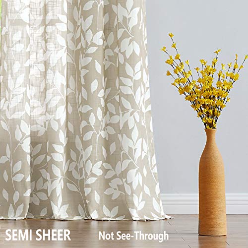 Image of Treatmentex Print Semi Sheer Curtains for Living Room 95-inch Long White Leaf Curtains for Windows 52 inch Width x 2 Panels, Taupe, Grommet Top
