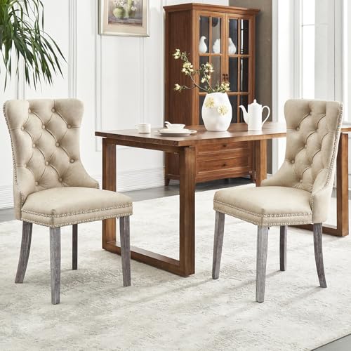 Image of Leather Dining Chairs, Upholstered Dining Room Chairs, Beige, Set of 2