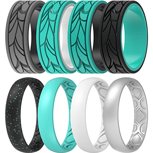 ThunderFit Silicone Wedding Bands for Women, Breathable Eternity and Patterned Design 8 Mixed Rubber Engagement Rings