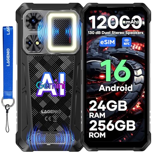 LAGENIO Rhino 1 Pro Telephone Incassable Android 16, 130 DB Ultra-Puissants Haut-Parleurs Stéréo Doubles, 24GO+256GO/1TO, 12000mAh/33W, 64MP, 120Hz...
