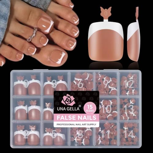 Image of UNA GELLA Press on Toenails, 180Pcs French Tip Press on Fake Toe Nails, Short Square False Toenails Full Cover Acrylic Artificial Toe Nails for Women, Home DIY Salon Pedicure 15 Sizes