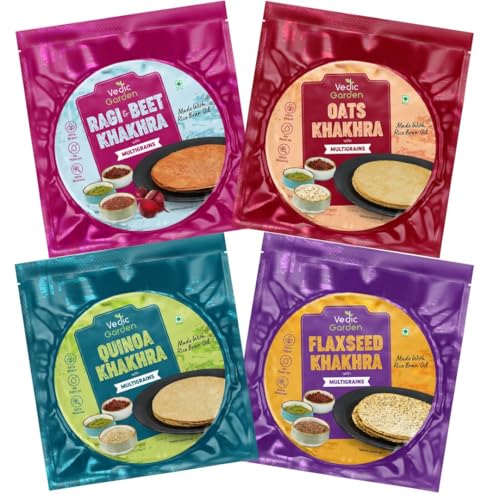 Image of Vedic Garden Multigrain Khakhra 4 Flavor Combo - Flaxseed, Oats, Quinoa, Ragi & Beetroot | 100% Roasted | No Palm Oil | High Protein & Fibre | Healthy Diet Snack for Weight Loss | Crispy Indian Namkeen - 2 Qty