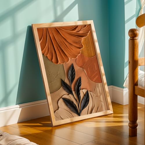 Image of NoWorries 3D Abstract Leaf Wall Painting with Frame Set of 1 | Premium Textured Black Leaf Artwork, Earthy Terracotta Botanical Wall Decor for Living Room, Bedroom, Office and Home Decoration (3d Art-5,13x19inch)