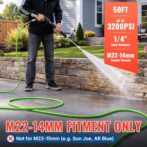 Image of YAMATIC Flexible Pressure Washer Hose 50 FT 1 /4 inch, M22-14mm Females | With 3 /8 inch Quick-Connect Adapters, 3200 PSI Kink-Resistant, Replacement /Extension Hose For Power Washing, Green