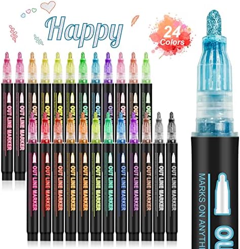 Double Line Outline Markers, 24 Colors Super Squiggles Shimmer Outline Marker Set, Self Outline Metallic Glitter Doodle Drawing Markers Pens for Card Making, Christmas Greeting Card, DIY Art Crafts