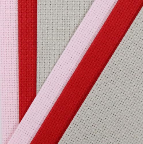 Image of KCS 4 /6 pc of 12 inch x 18 inch(30cmx45cm) 16 Count Cotton Aida Cloth Cross Stitch Fabric (6 pc,Pink+Red+Pearl Grey)