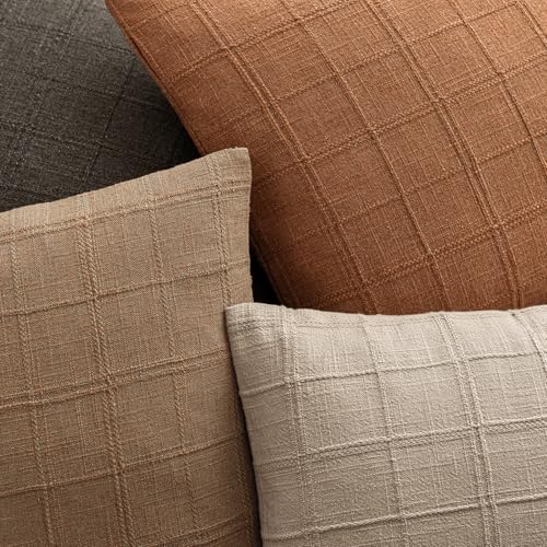 Image of Foindtower Set of 1 Decorative Linen Check Throw Pillow Cover Neutral Farmhouse Vintage Cushion Cover Modern Boho Home Decor for Sofa Chair Couch Bedroom Living Room,22x22 Inch,Orange