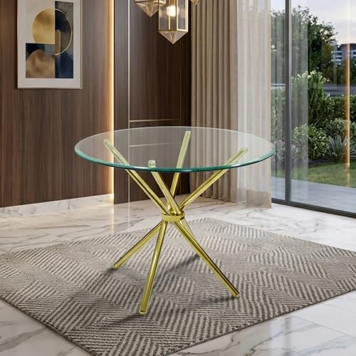 Image of Folding Dining Table for Office, Home, Cafe - 36-inch Round 12 MM Thick Toughened Glass Top with Stainless Steel Frame (Golden Finish)