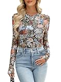 BemorRun Floral Mesh Top for Women Crew Neck Long Sleeve See Through Tee Shirts Fitted Sexy Going Out Tops Multicolor