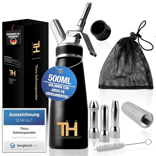 Thiru Dispensador de nata incl. caja de herramientas - grado «muy bueno» - 100 días de prueba - sifón de nata con libro electrónico y 3 boquillas - para nata montada y espuma - (negro)