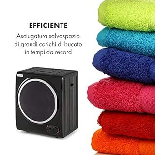 KLARSTEIN Jet Set 2500 - Asciugatrice a Evacuazione, Carico Frontale, 850 W, Posizionamento Libero/Incasso, Classe C, 2,5 kg, Elemento PTC, Fino a 60 °C, Timer: 20-200 Minuti, Compatta, Nero
