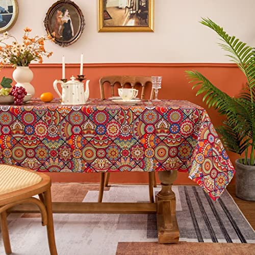 Nappe de Table Nappe Rectangulaire Impermeable Anti Tache Lin 140x180cm Orange Rouge pour Table Intérior et Exterieur Nappe Enduite de Tissu Lavable pour Décor Maison et Cuisine Mandala Nappe de Table Cover