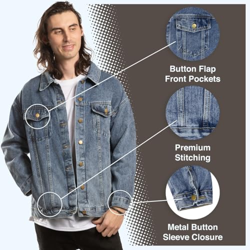 Classic Denim Jacket for Men Oversized Light Blue Wash Long Sleeve Button Down Casual Coat S - 2XL2