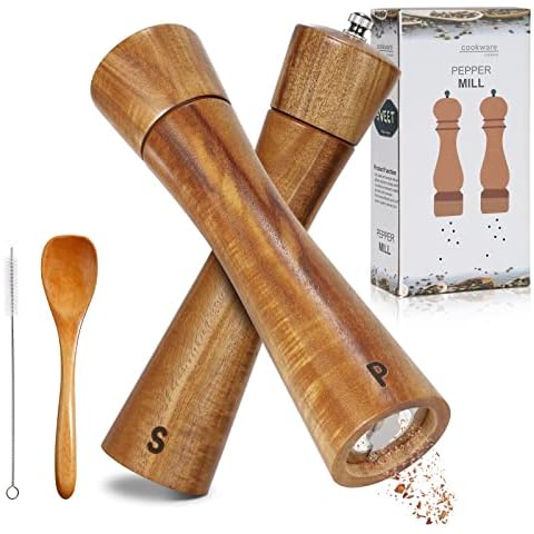 Salt and Pepper Grinder Set Adjustable Ceramic Grinders 2 Piece 8 Inches Acacia Wooden Salt & Pepper Mills with Cleaning & Brush Spoon Cover