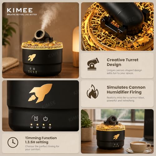 Image of KIMEE LED Cannon Aroma Diffuser & Humidifier, Desktop Cool Mist Maker with Color LED Lights, 2 Mist Spray Modes - Perfect for Bedroom, Office & Aromatherapy