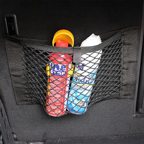 Pacote com 1 organizador de porta-malas de carro, rede de armazenamento de malha elástica com tiras de gancho, rede de carga elástica resistente à água para SUV, caminhão, organização de armazenamento