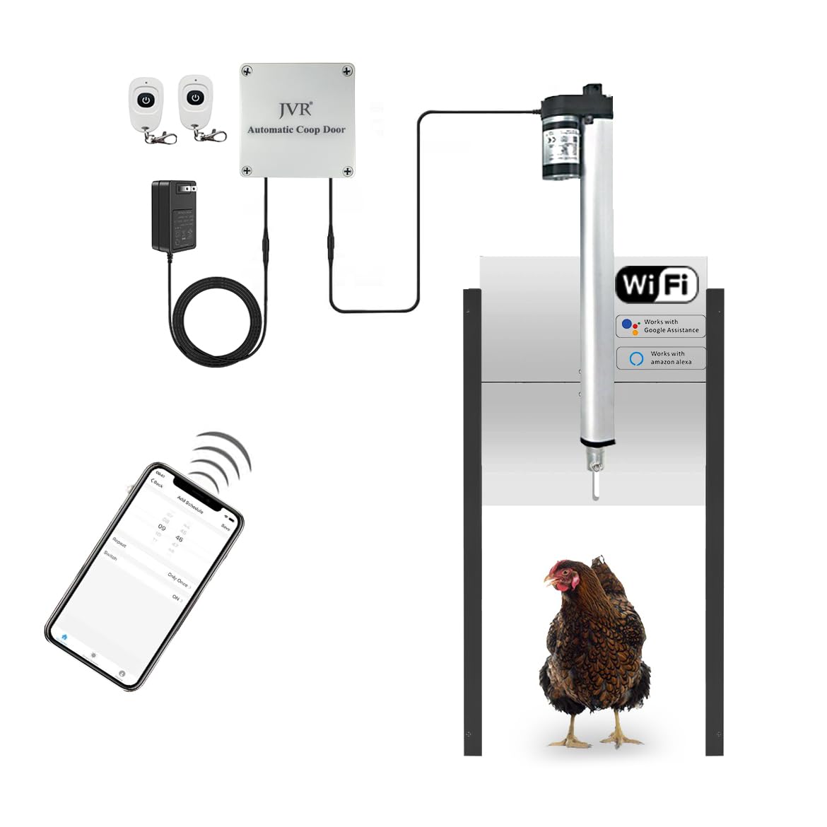 JVR Automatic Chicken Coop Smart Door Compatible with Alexa, Google Assistant, Home Assistant, Tuya - WiFi Electric Opener, Auto Sunrise/Sunset Dusk to Dawn Doors, Anti-Pinch Auto Reopen & Stop