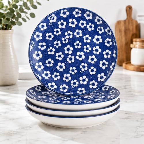 Image of Ceramic Dinner Plates, Blue & White Floral Pattern Plates, Premium Ceramic Serving Plates, Microwave & Dishwasher Safe, Tableware for Home, Dining & Gifting(Cherry Blossom Pattern, Pack of 4)