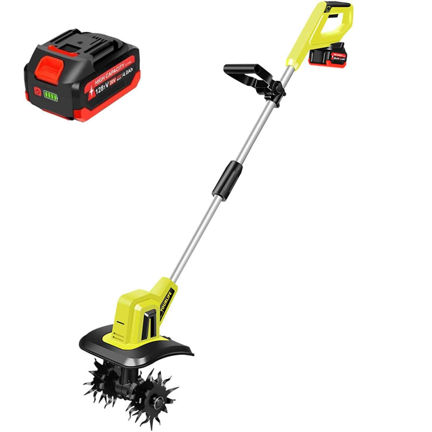 Coltivatore Elettrico da Giardino, Fresa Rotante Senza Fili a 4 Lame in Acciaio, Potente motocoltivatore Portatile con Batteria Ricaricabile e Caricabatterie, for Giardino, orti e Prati.(Battery*1)