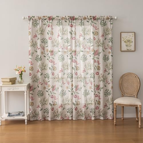 Image of SUOUO Red Jacobean Floral Semi Sheer Curtains 84 Inches 2 Panels Rod Pocket | Linen Textured,Light Filtering,Patterned Green Vine Botanical,Vintage Farmhouse Cottage,Window Drapes for Living Room Bedroom