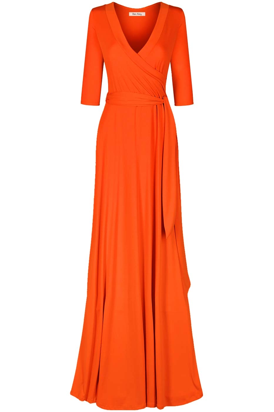 Women's 3/4 Sleeve Deep V-Neck Maxi Faux Wrap Solid Plus Size Dress