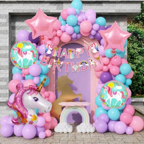Image of Unicorn Theme Birthday Decoration Kit Set of 55 Pcs | Happy Birthday Banner with Unicorn Foil Balloon & Latex Balloons Decor for Girls Bday Party Decorations Items