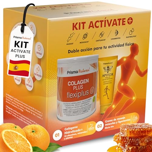Kit Activate Plus – Colágeno Hidrolizado en Polvo con Ácido Hialurónico, Magnesio y Vitamina C 300g + Crema de Masaje Deportivo Apitox 60 ml – Colageno Hidrolizado Sabor Naranja – Prisma Natural