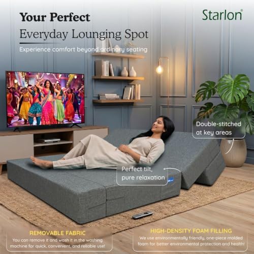 Image of Starlon 3 Seater Foldable Sofa Cum Bed 3-in-1 with Washable Jute Fabric Cover, Space Saving Guest Bed for Living Room & Apartment, Ash Gray 6x6 Ft
