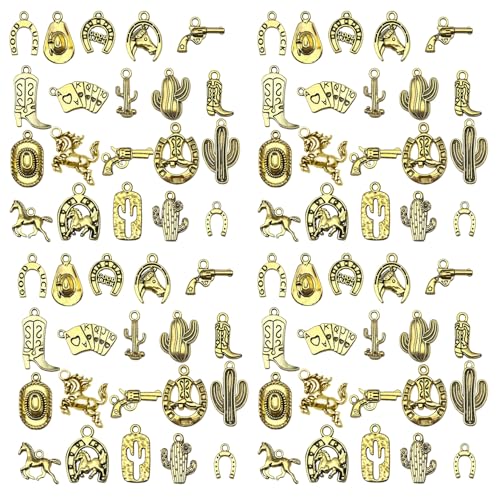 80pcs Western Cowboy Themed Charms Set - Zinc Alloy 3D Miniature Cowboy Hat Horse Boot Shoe Charms for DIY Jewelry Making Keychain Crafts Accessory Tools -Durable Versatile and Perfect for Creative Projects (Golden)SN822