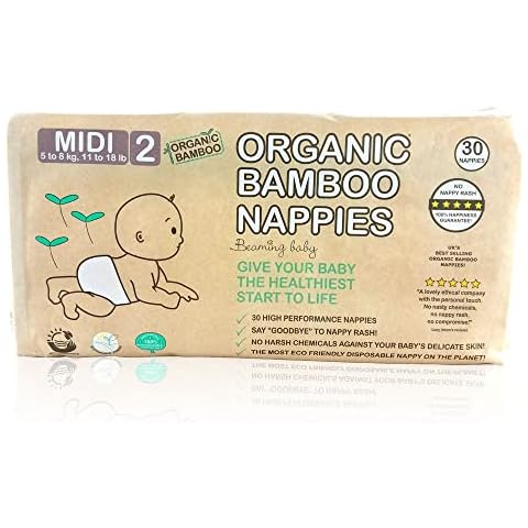 Beaming Baby Organic Bamboo Eco Nappies Size 2 (5-8 kg/11-18 lb) 30 in Pack. Biodegradable, Hypoallergenic for Sensitive Skin, Recyclable Paper Packaging Cover