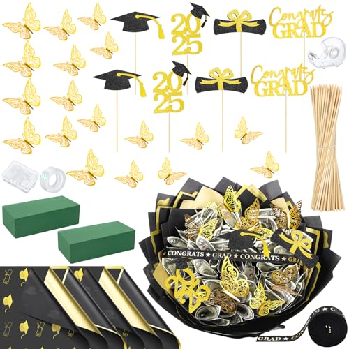 Colingmill Graduation Money Bouquet Kit 30 Sheet Flower Wrapping Paper 100 Pcs Skewers Floral Butterflies Rhinestone Pin Foam Blocks Ribbons Greeting Cards for DIY Congratulation Graduate Gift