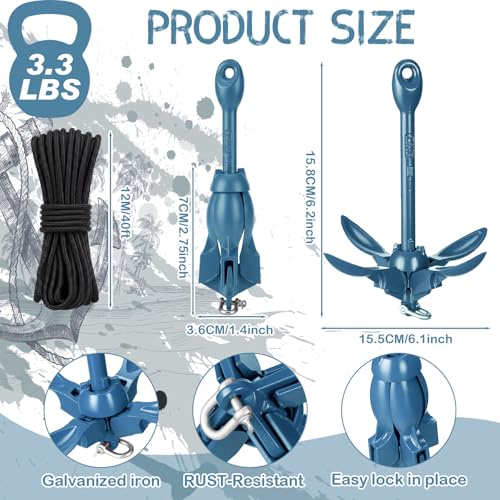 Image of MorningRo 1 Pack 1.5 /3.5 lb Marine Kayak Anchor Kit with 40ft Rope and Buoy Folding Grapnel Boat Anchor Kit Kayak Fishing Accessories for Small Boats, Canoe, SUP Paddle Boards